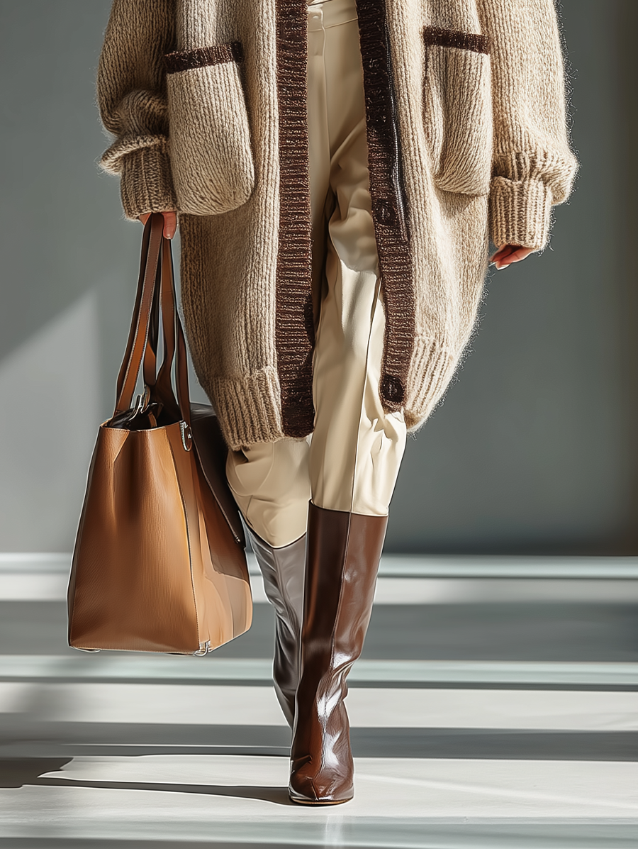 Women's Beige And Light Brown Chunky Knit Loose Casual Cardigan MDA2130J7T