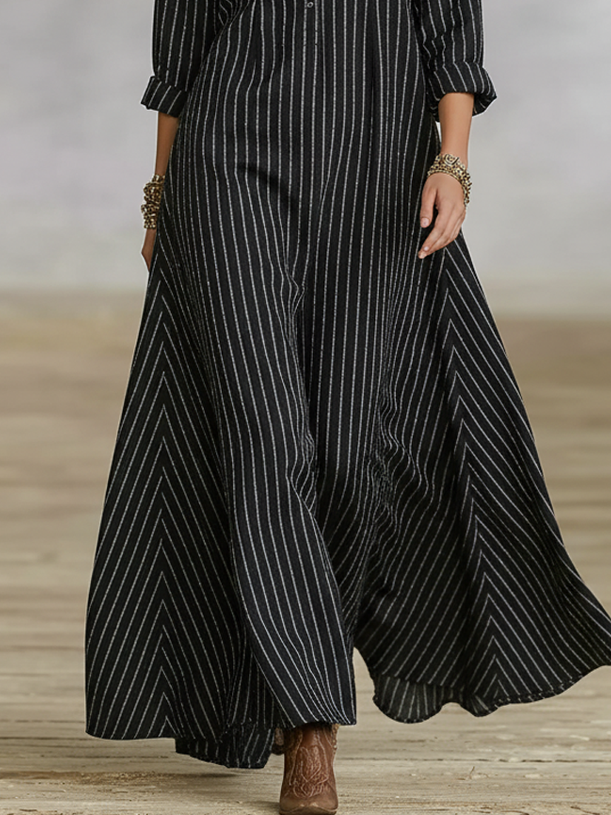 Women's Loose-fitting Cotton-linen Blend Striped Button-down Collar Long-sleeved Maxi Dress MDA1424K0Y