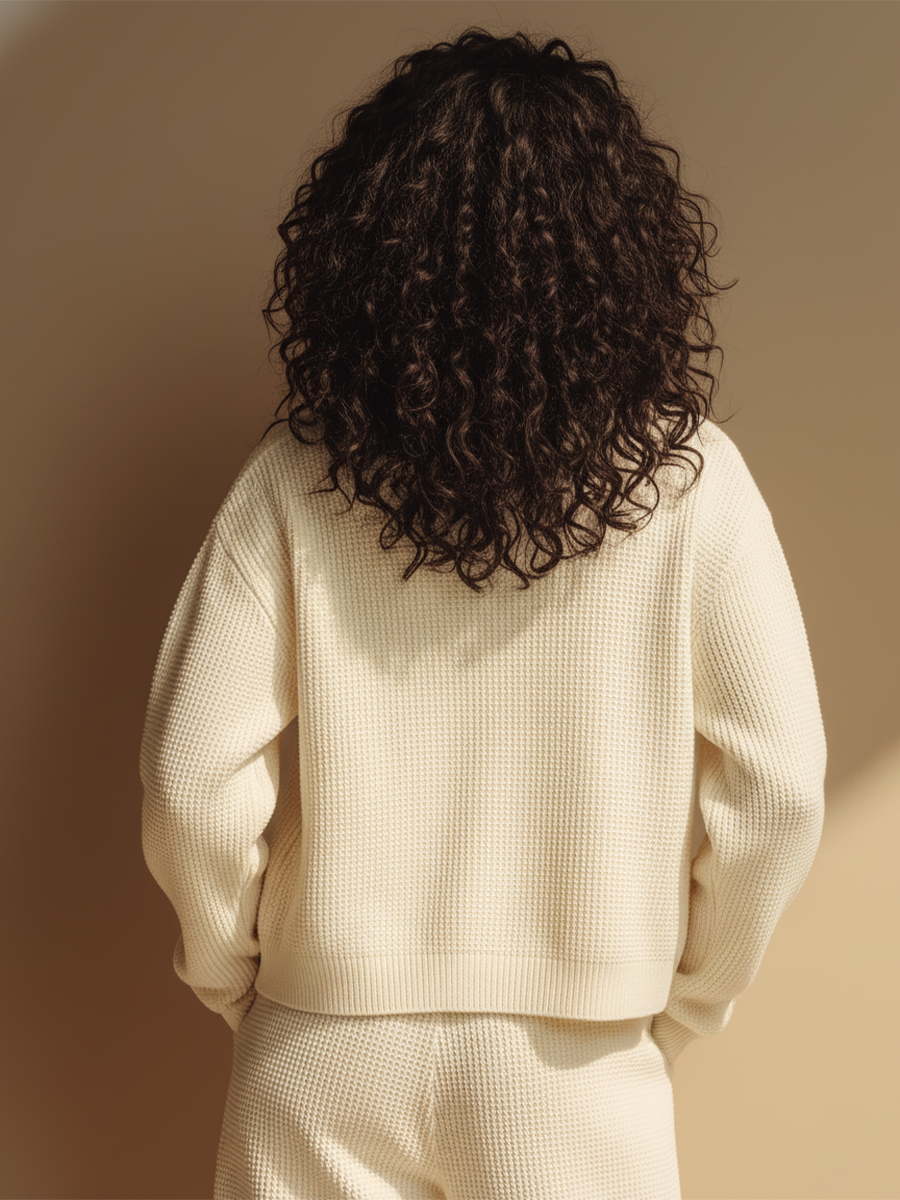 Women's Ivory Waffle Knit Casual Button Cardigan (without Inner Wear) MDA0567L2I