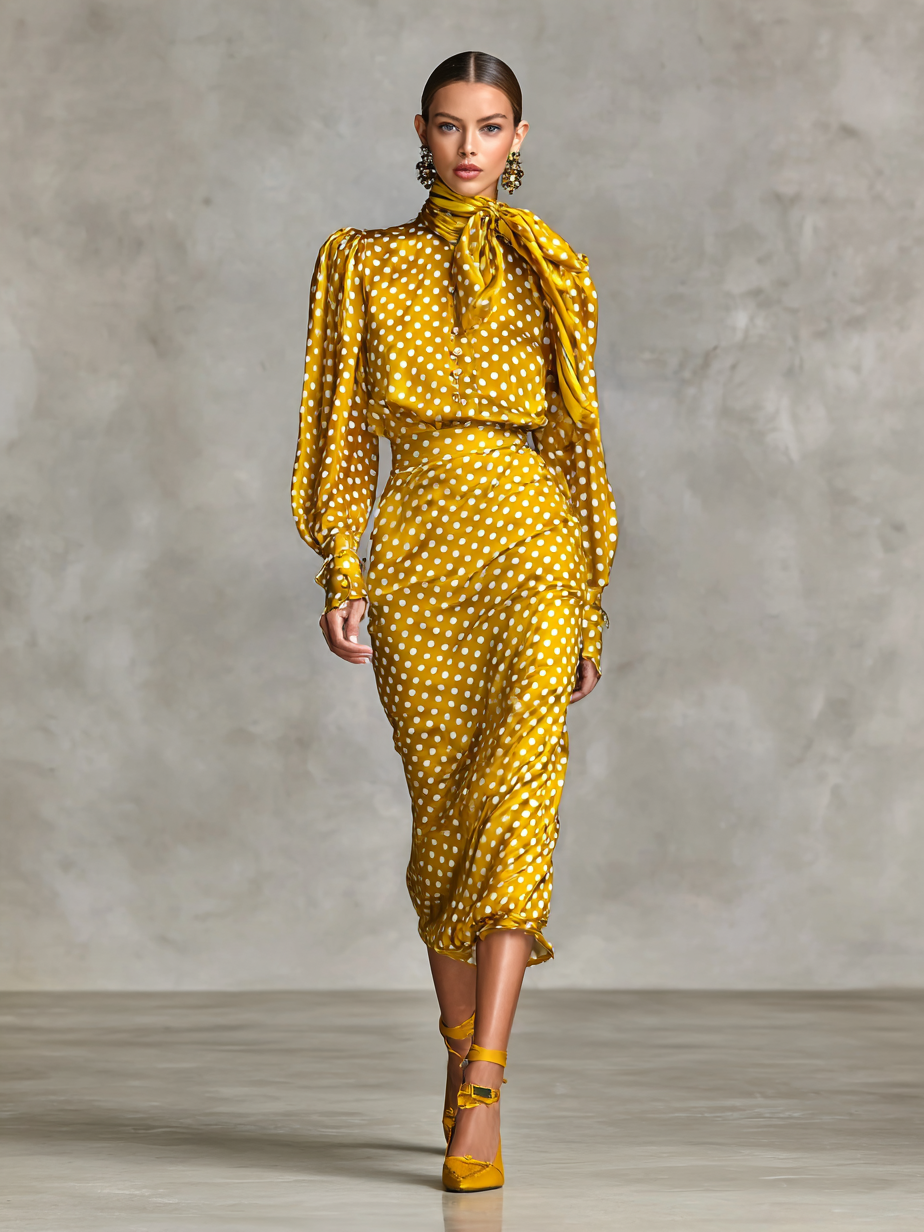 Women's Vintage Satin Polka Dot Print Shirt And Skirt Two-Piece Set (Includes Scarf) MDA3073G0Y