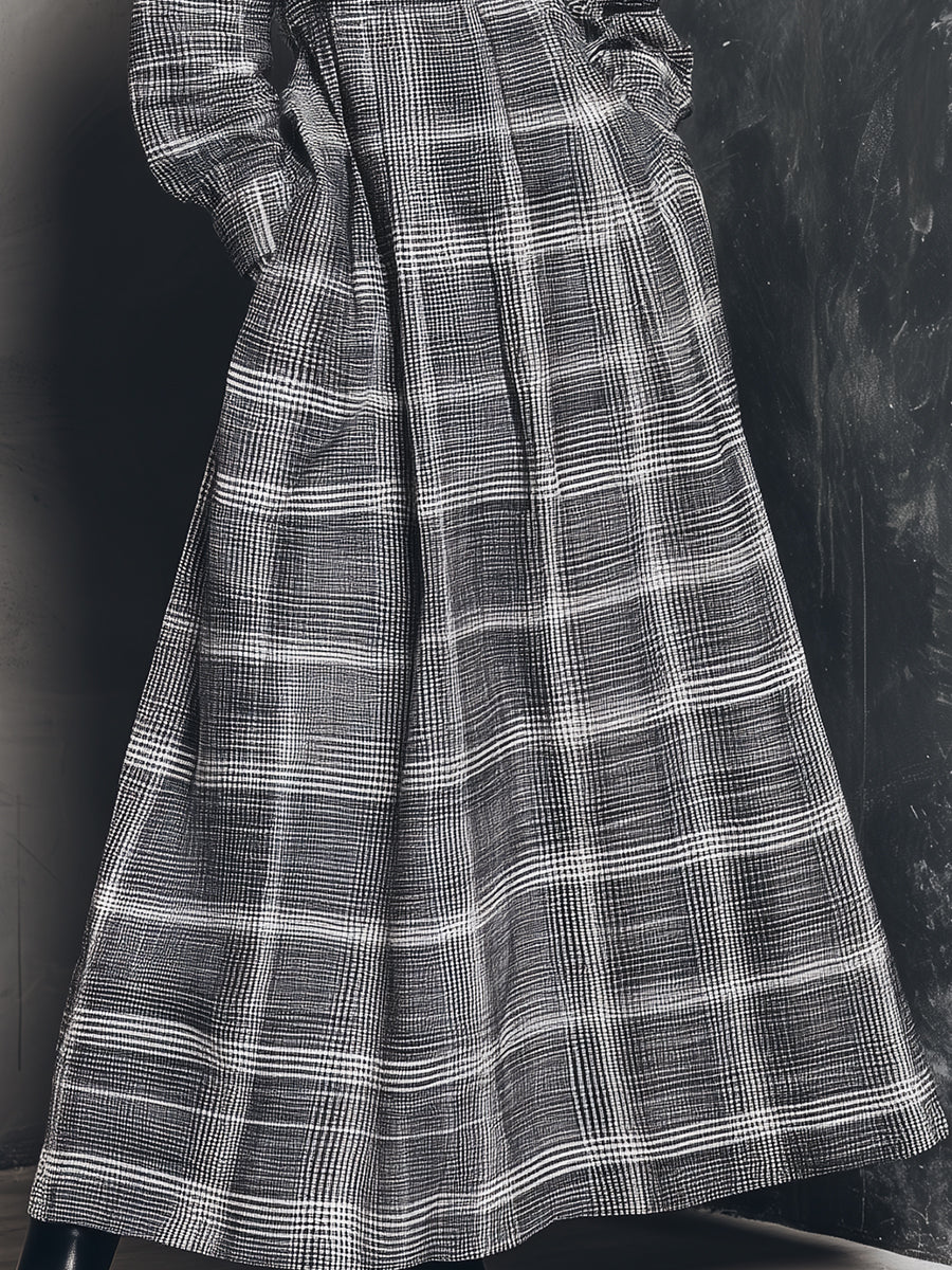 Women's Grey - White Modern Cotton Plaid Shirt - Collar Maxi Dress MDA2064J1I