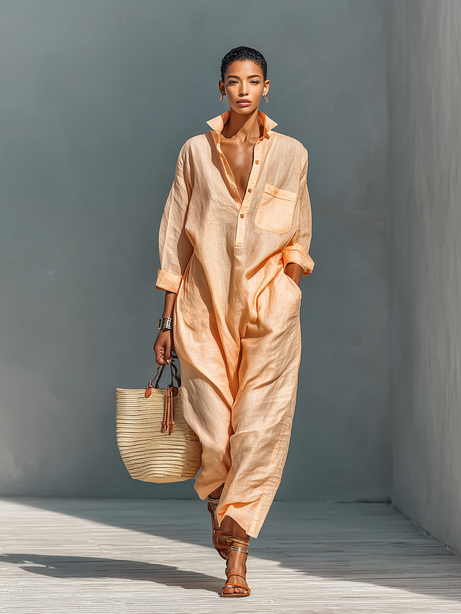 Women's Cotton And Linen Blend Button Lapel Loose Jumpsuit MDA3175G8Y