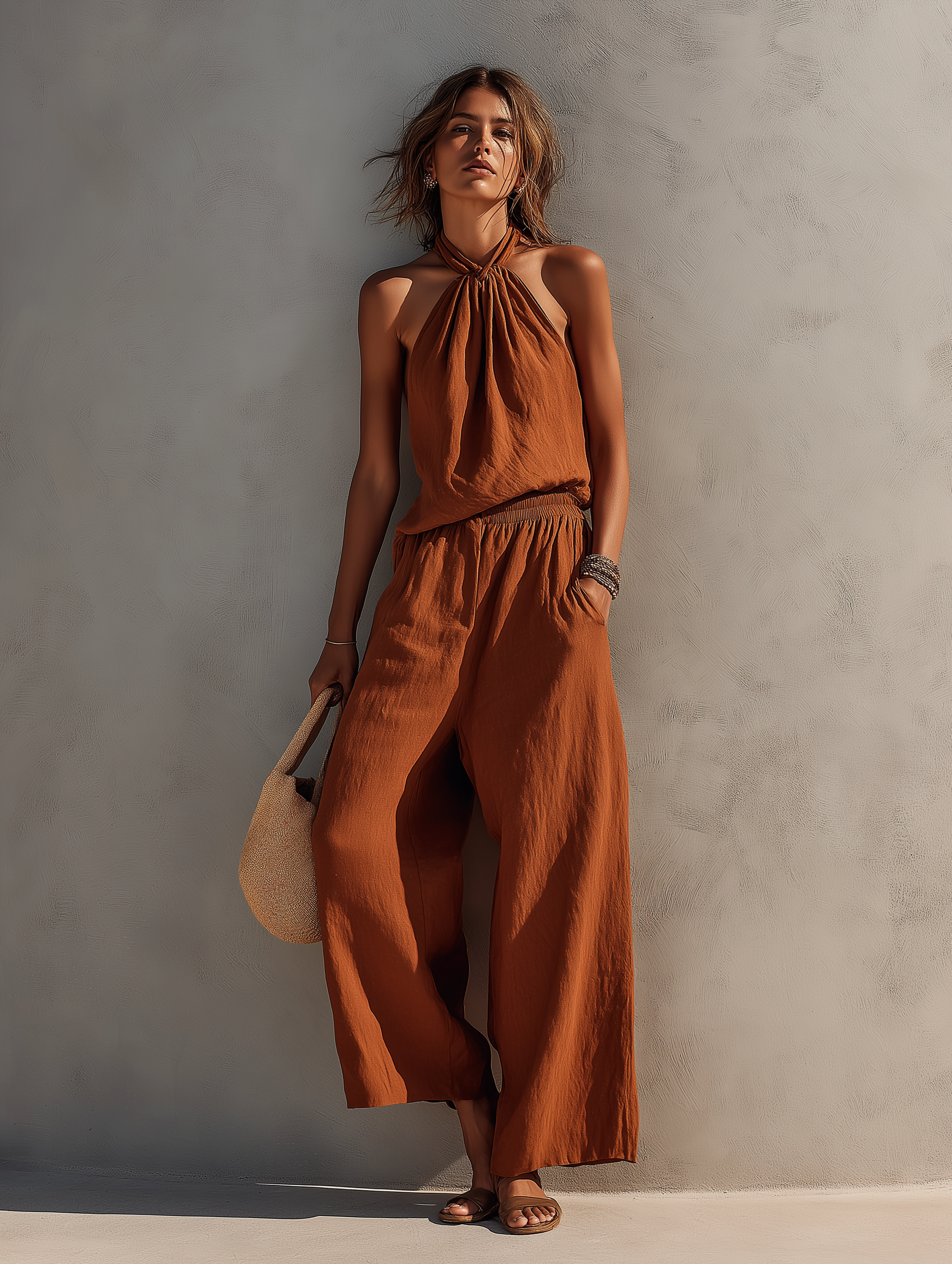 Women's Casual Dark Orange Cotton-linen Blend Halter Neck Sleeveless Top Paired With Trousers Set MDZ0379C0AN