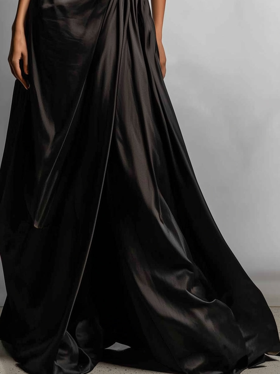 Women's Black Chic Satin Asymmetric Draped Gown MDA2095J8I