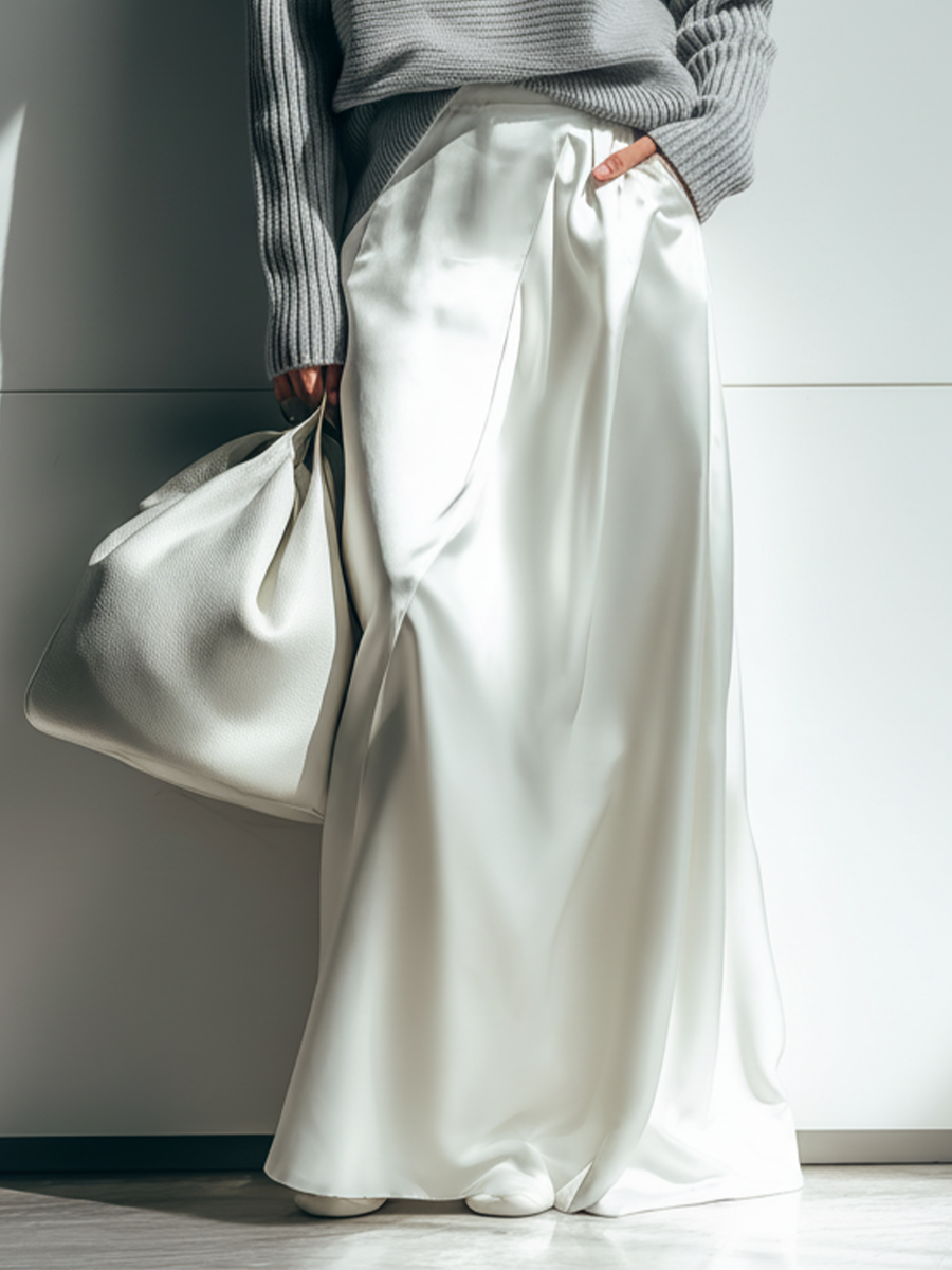 Women's Light Gray Ribbed Knit Fabric Oversized V-Neck Sweater & White Satin Skirt Set MDA1196L2T