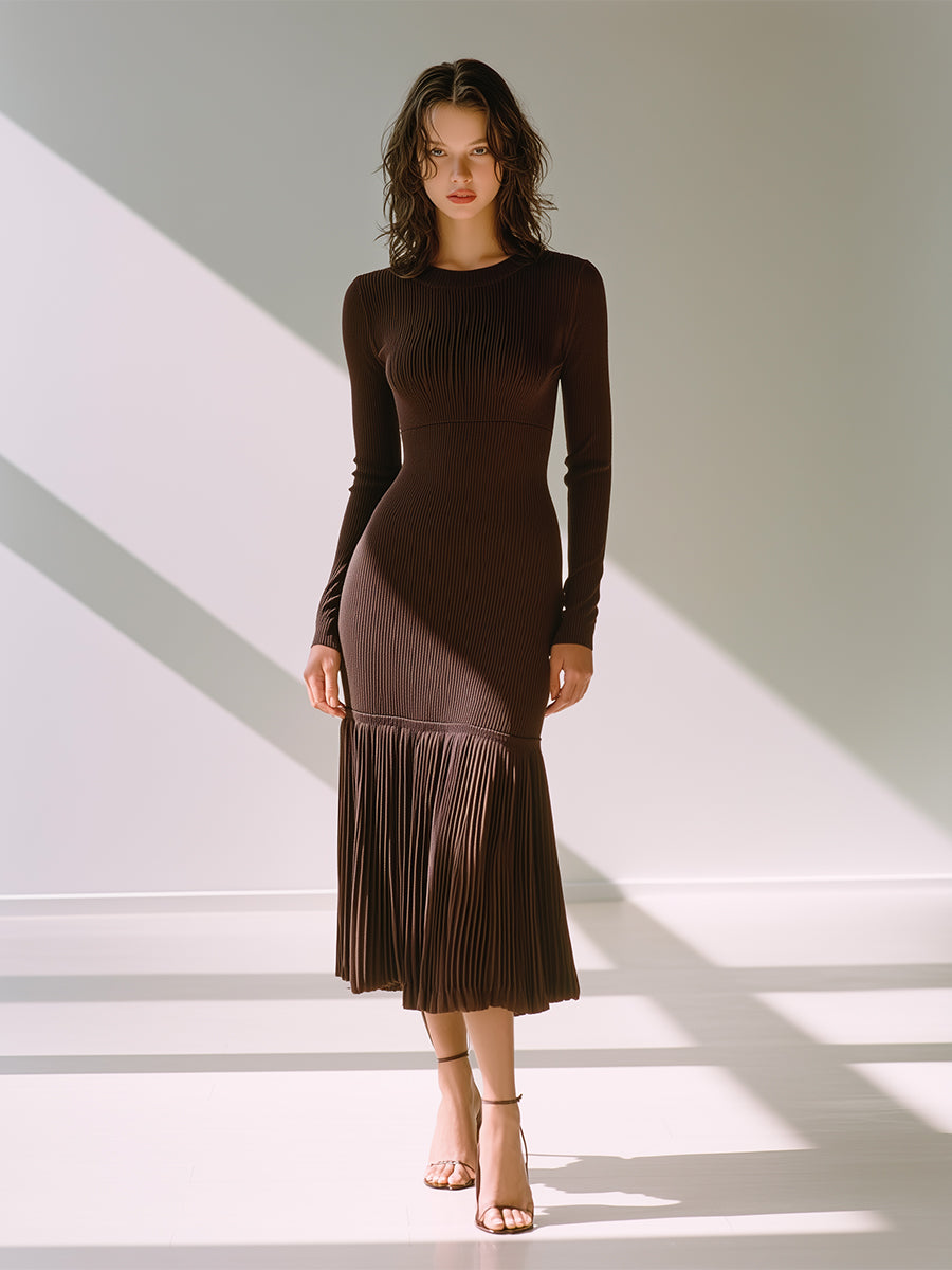 Women's Chocolate Chic Rib Knit Fluted Hem Midi Dress MDA0652H2I