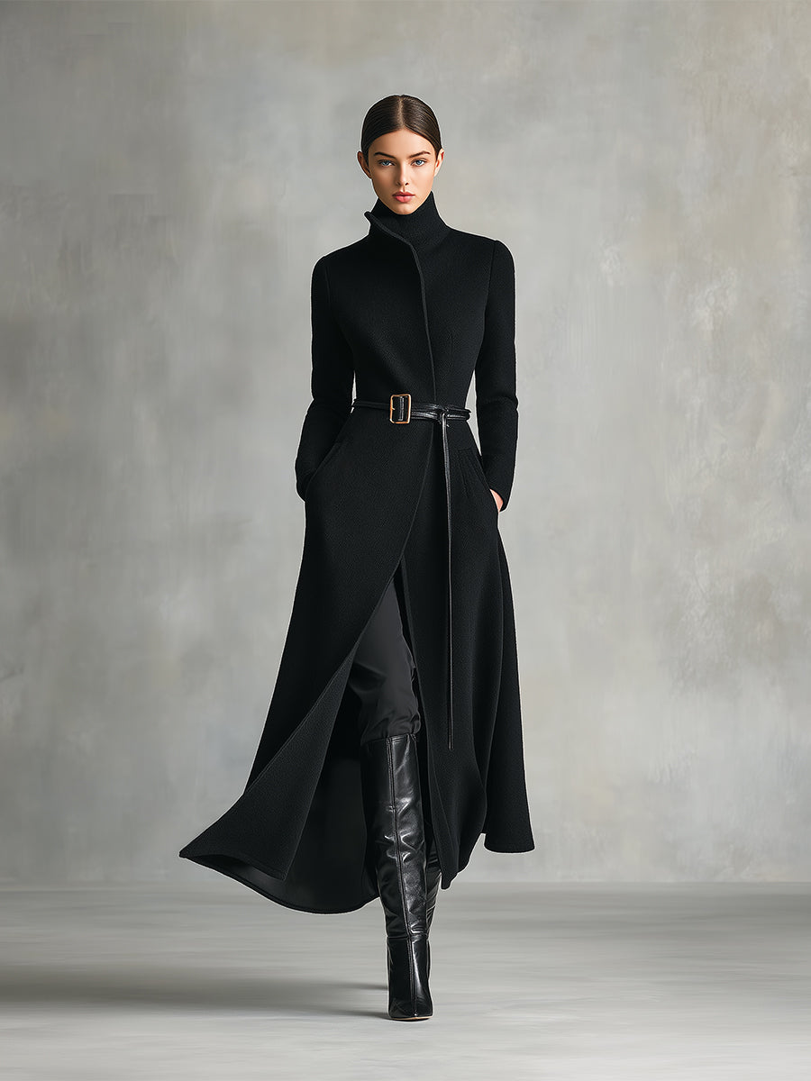 Women's Black Elegant Wool - Blend Turtleneck Belted Maxi Coat (without belt) MDA2807H5I
