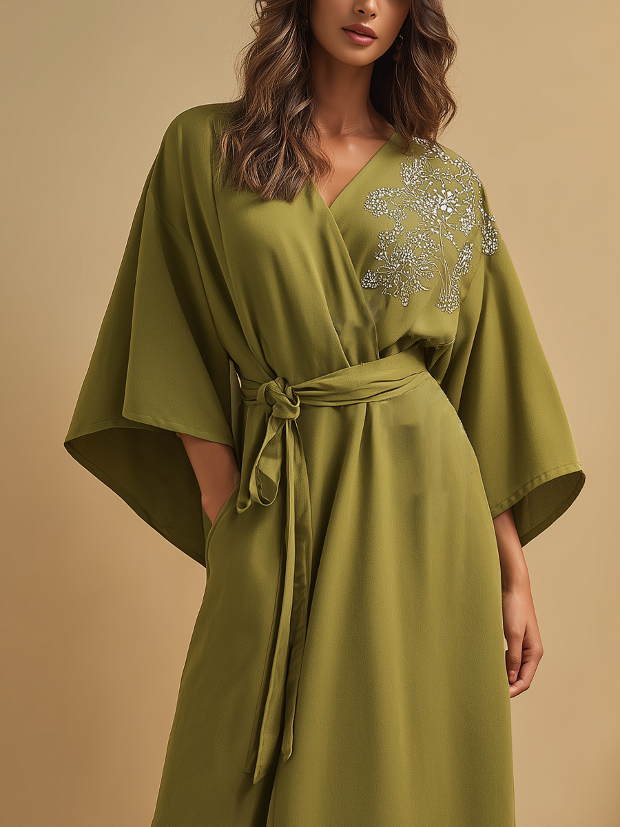 Women's Olive Green Chiffon Embroidered Tie-waist Long Dress MDA0512L5T
