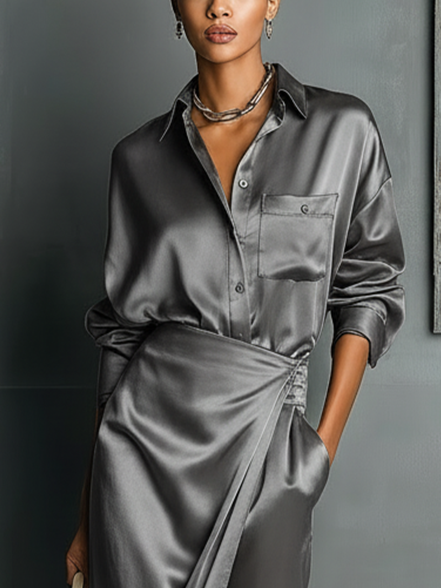 Women's Gunmetal Satin Fabric Oversized Shirt & Wrap-Style Slit Midi Skirt Set MDA1752L8T