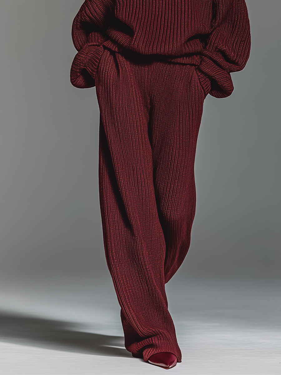 Women's Burgundy Chic Ribbed Knit Half - Zip Loungewear Set MDA1058I6I