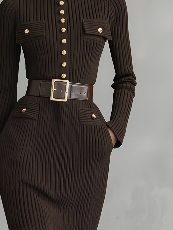 Women's Elegant And Sophisticated Brown Turtleneck Fitted Midi Dress With A Belt, Decorated With Gold Buttons MDA1177K3AN