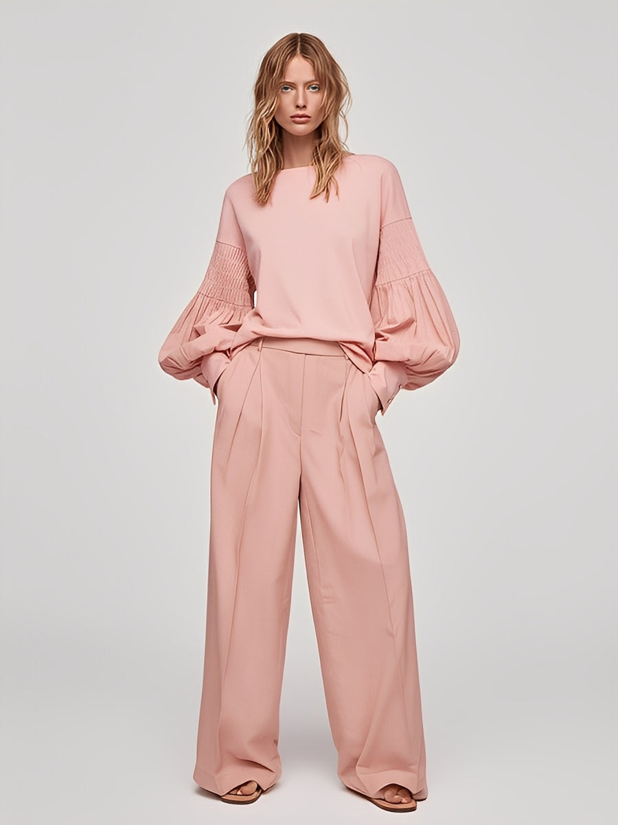 Women's Blush Structured Woven Set With Smocked Puff Sleeves & Wide-Leg Pants, Modern Elegant Style Set MDA0908L3I