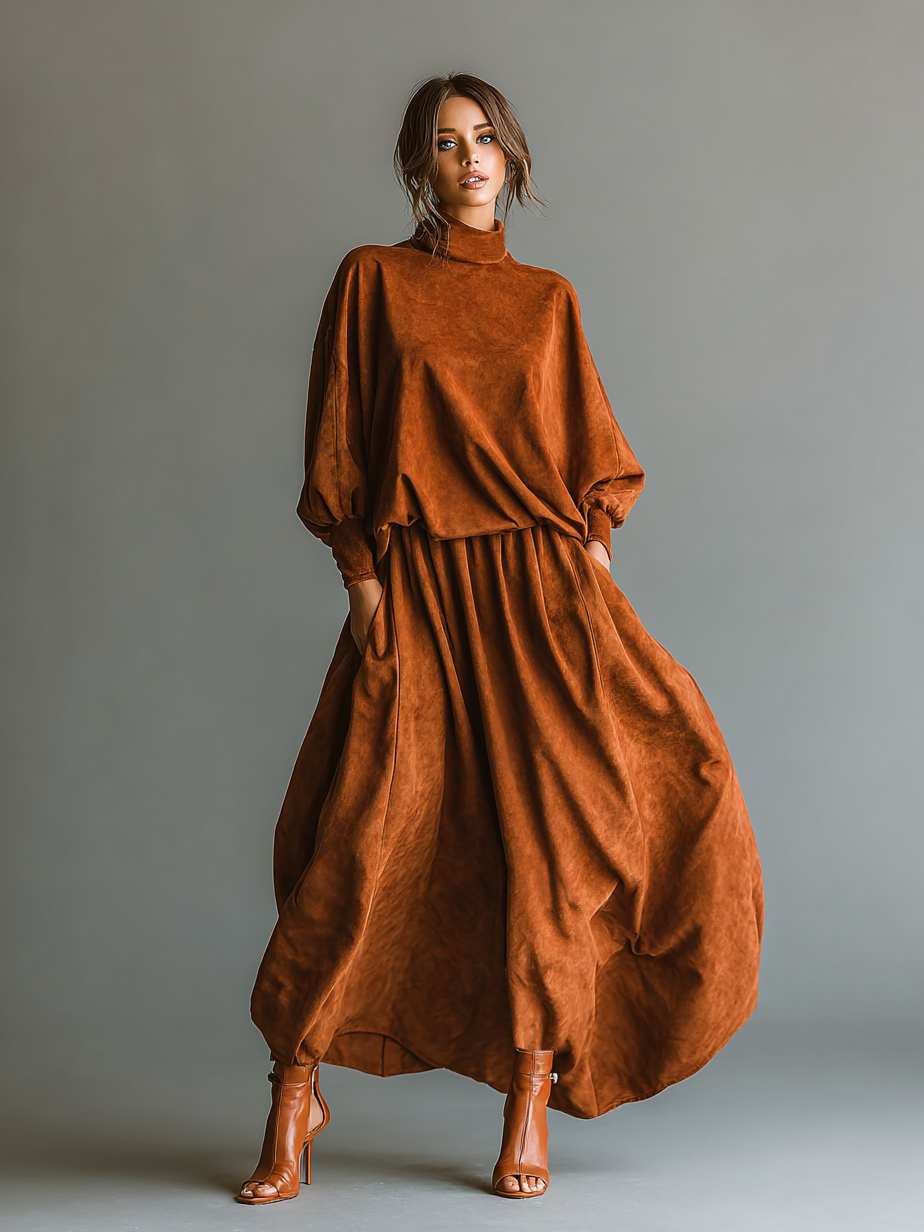 Women's Loose Suede Half-high Collar Top And Skirt Set MDA1313H5Y