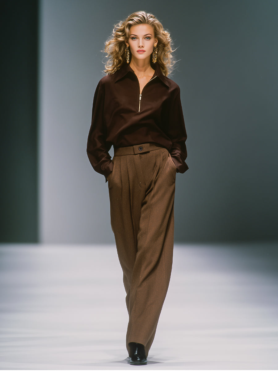Women's Brown Chic  Blend Pleated Trouser Suit Two-piece Set MDA0802H7I