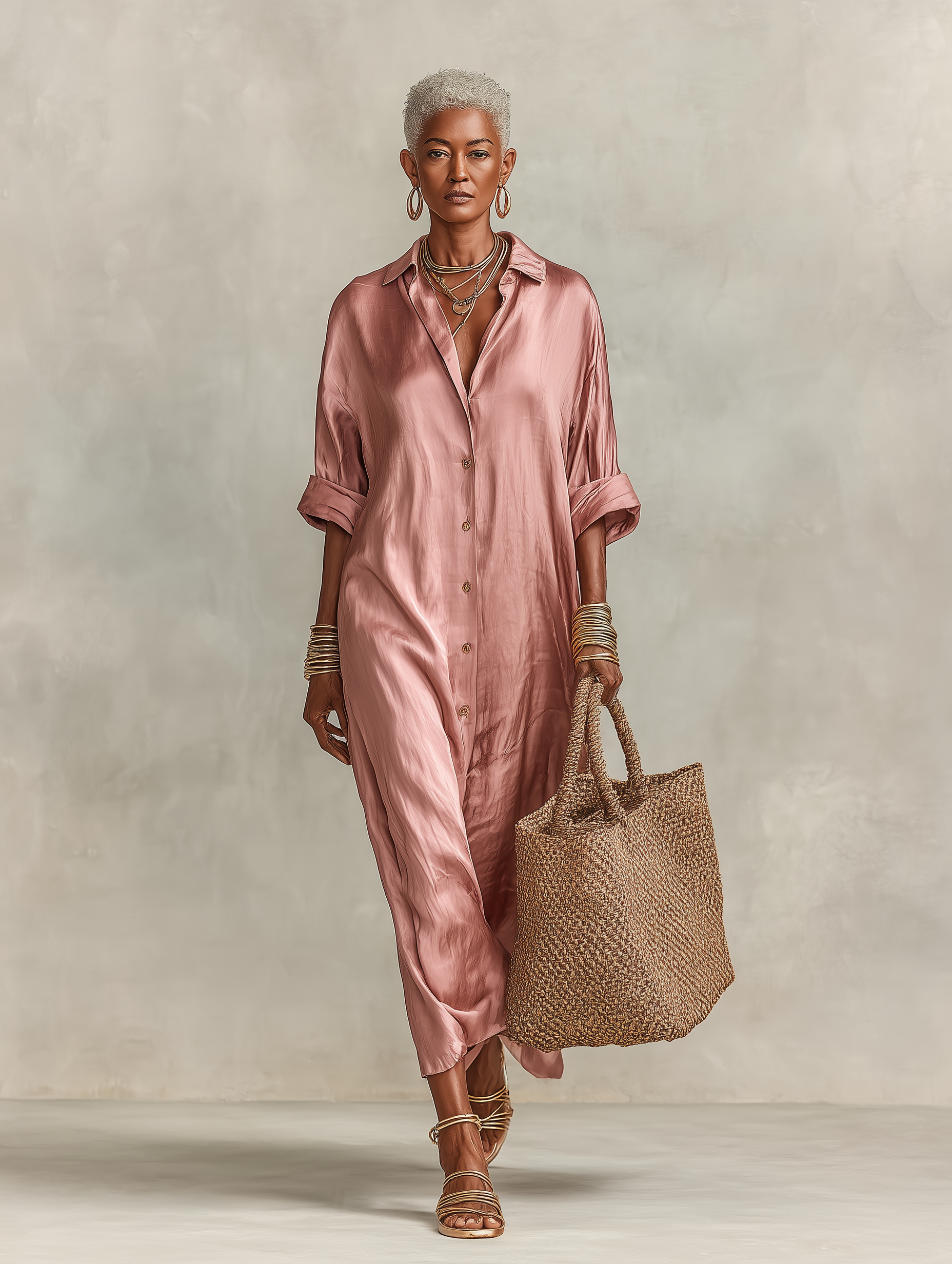 Women's Minimalist Faux Acetate Single-breasted Shirt Maxi Dress MDZ1024B4Y