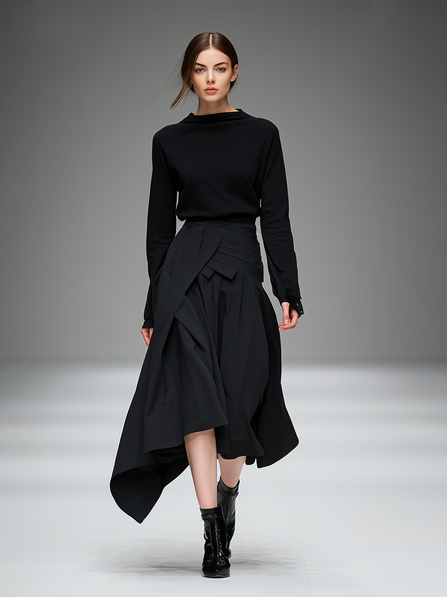 Women's Black Versatile Matching Set With Pleated Skirt & Relaxed Top, Sophisticated Everyday Style Set MDA0503L2I