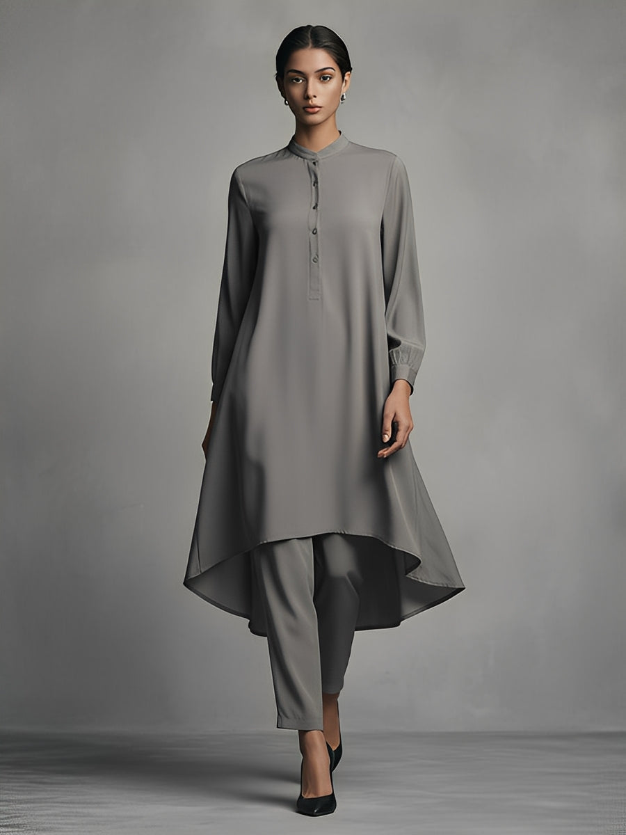 Women's Dusty Gray Silky Woven Set With Mandarin Collar & Asymmetric Tunic, Timeless Refined Style Set MDA1752L9I