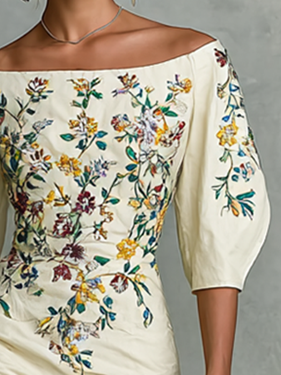 Women's One-shoulder Neck Mid-length Sleeve Floral Embroidery Waist-length Midi Dress MDA1927G4Y