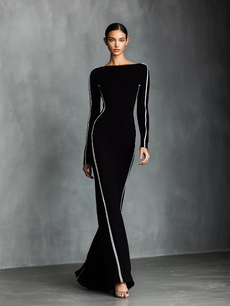 Women's Black Elegant Stretch - Knit Contrast - Piped Maxi Dress MDA2887H0I