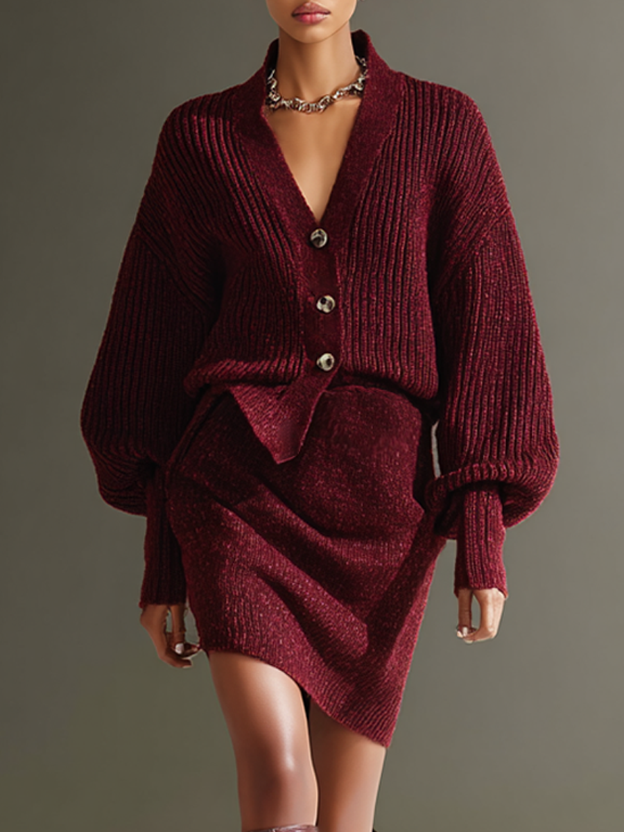 Women's Burgundy Ribbed Knit Cardigan And Mini Skirt Set MDA1216L3AP