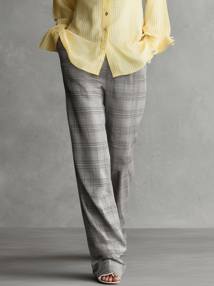 Women's Yellow Checked Linen-Blend Chic Hooded Shirt & Plaid Pant Set MDA0515K3I