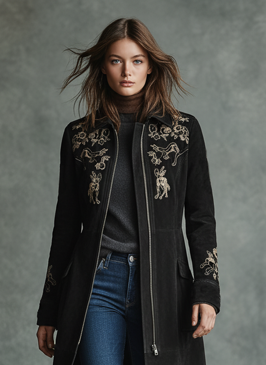 Women's Faux Suede Embroidered Zip-up Lapel Coat MDA3037J3Y