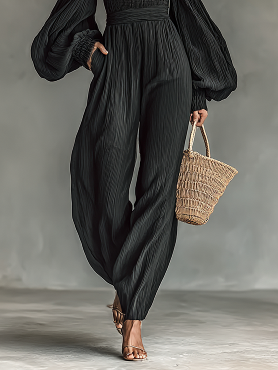 Women's Off-the-shoulder Long-sleeved Pleated Fabric Jumpsuit MDA1515G1Y