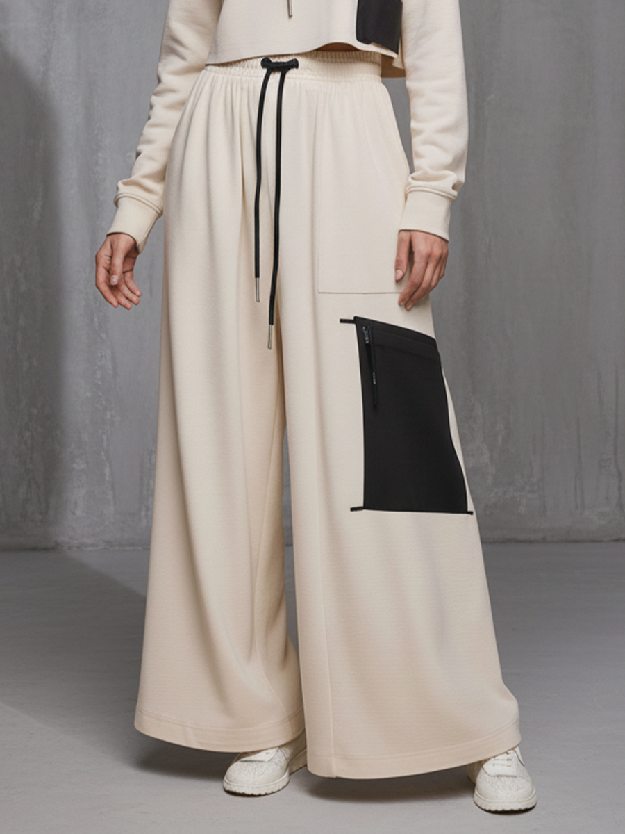 Women's Beige Cotton-blend Color-block Hooded Top And Wide-leg Pants Set MDA1799L1T