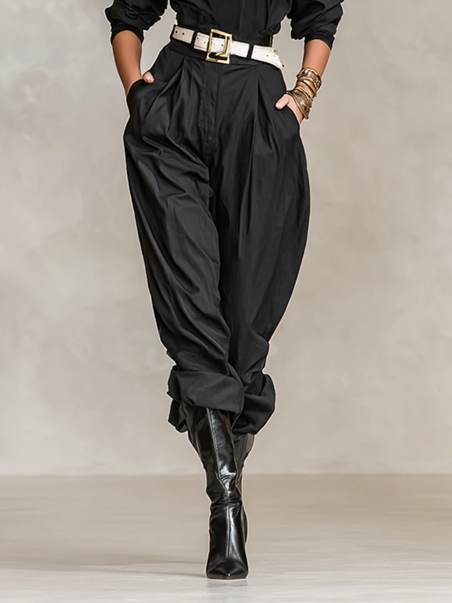 Women's Casual Cotton Blend Turtleneck Long Sleeve Straight Belt Jumpsuit MDA2376G2Y