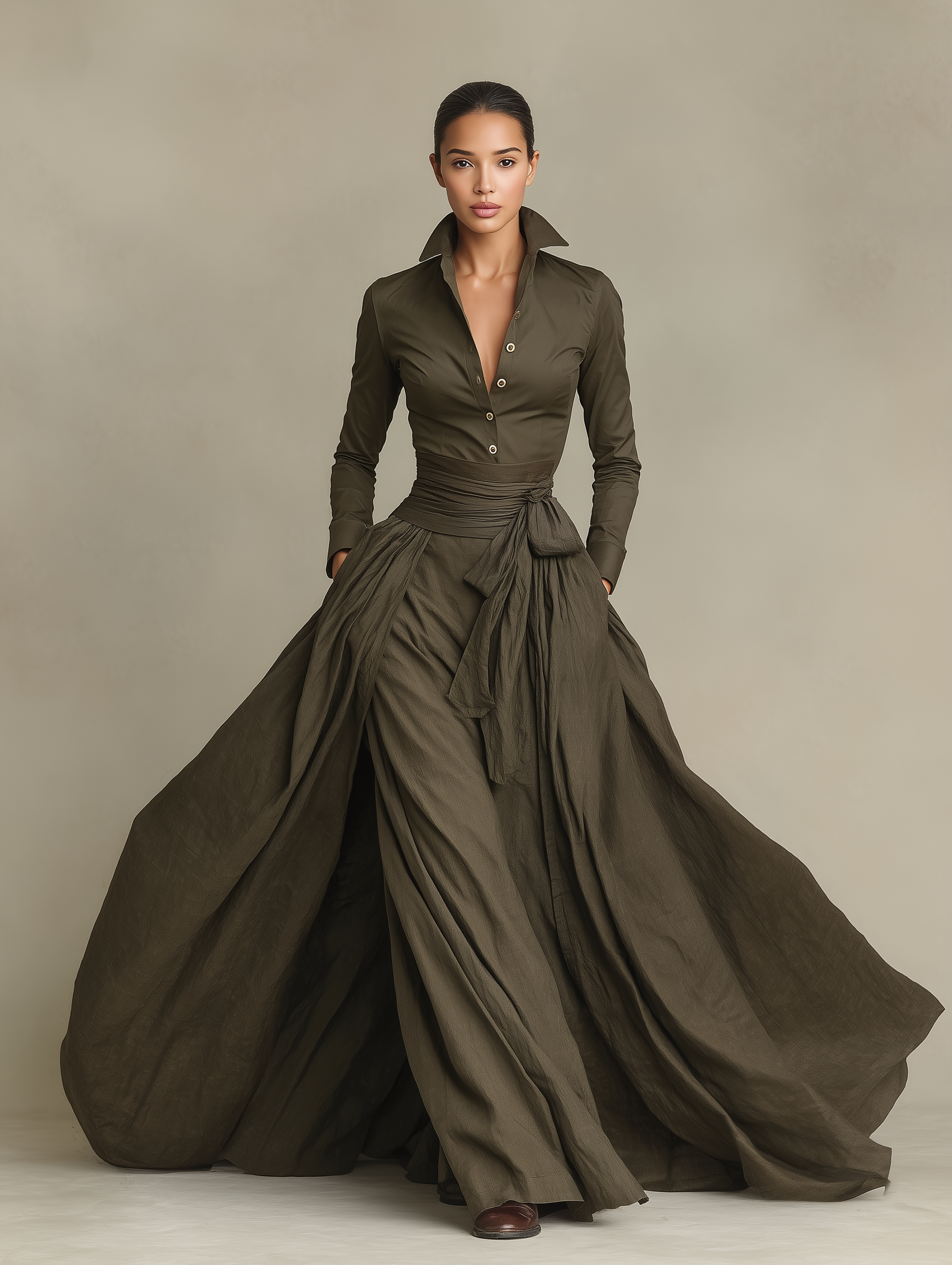 Women's Elegant Military Green Woven Shirt Collar Long-sleeved Fitted Waist Dress MDA1701L1AN