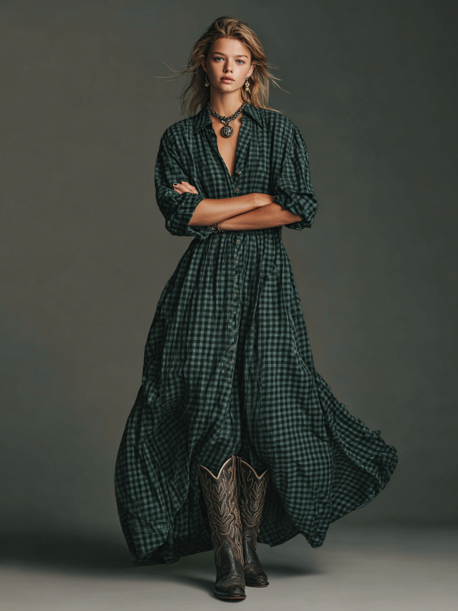 Women's Plaid Long Sleeve Shirt Maxi Dress MDA1241H2Y