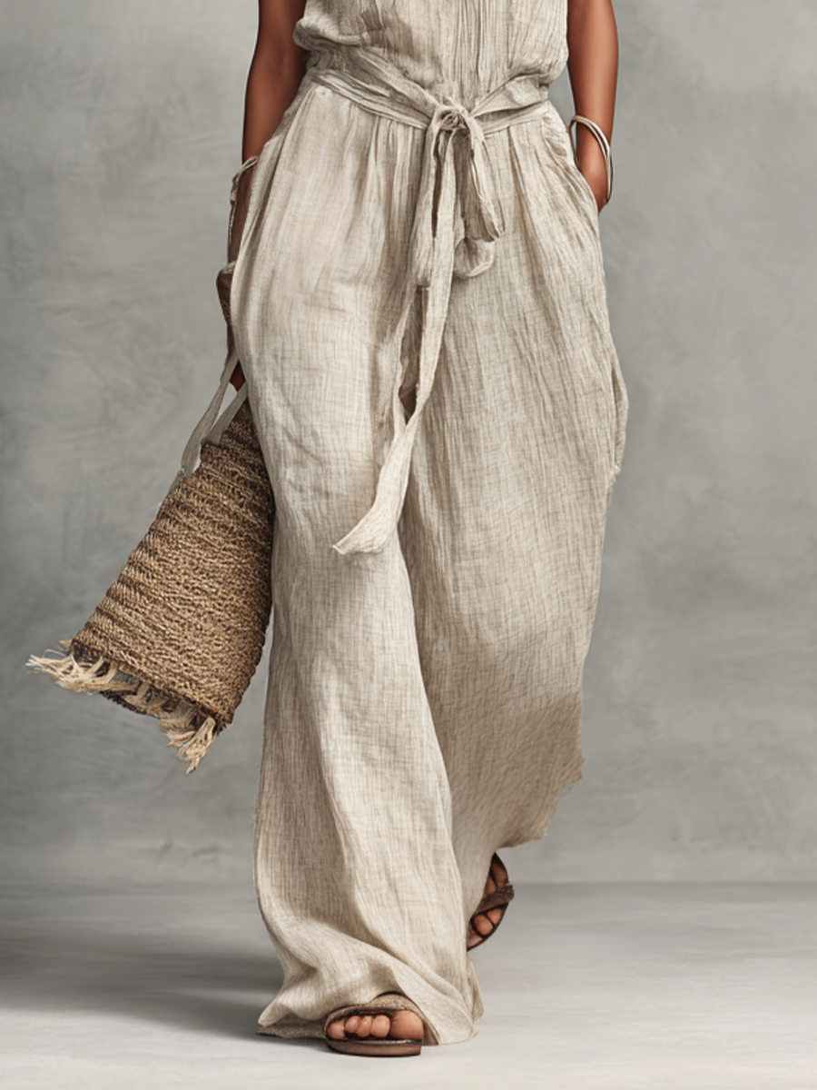 Women's Bohemian Style Beige Linen Blend V-Neck Wide-Leg Jumpsuit MDZ2743B0BA