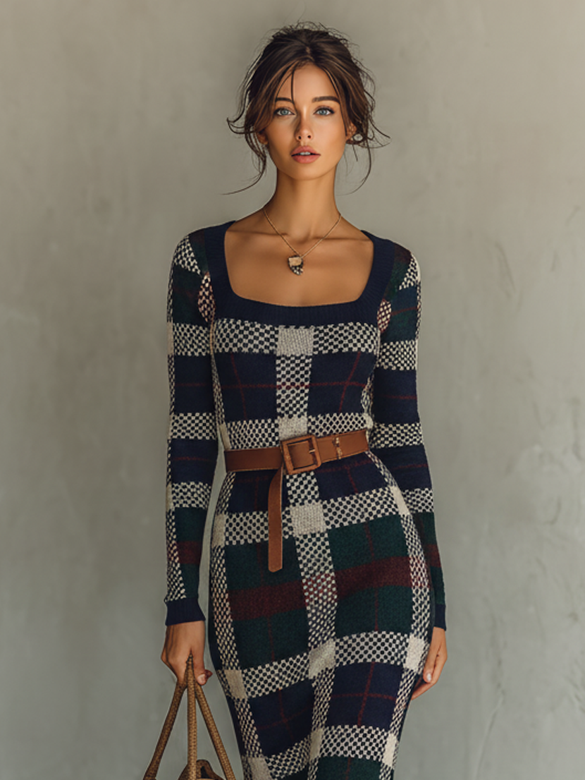 Women's Minimalist Check Knit Belted Square Neck Maxi Dress MDA2984J0Y