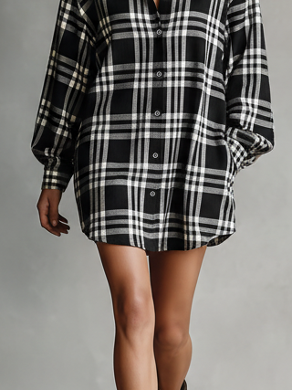 Women's Loose Plaid Splicing PU Leather Lapel Shirt Mini Dress MDA1614I8Y