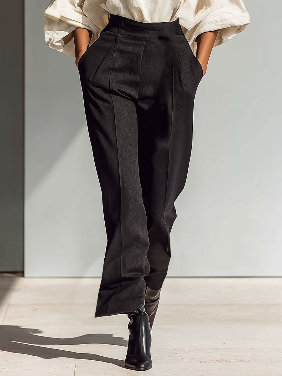 Women's Off-White Linen Fabric Bow-Detail Blouse & Black High-Waisted Trousers Set MDA2264L9T