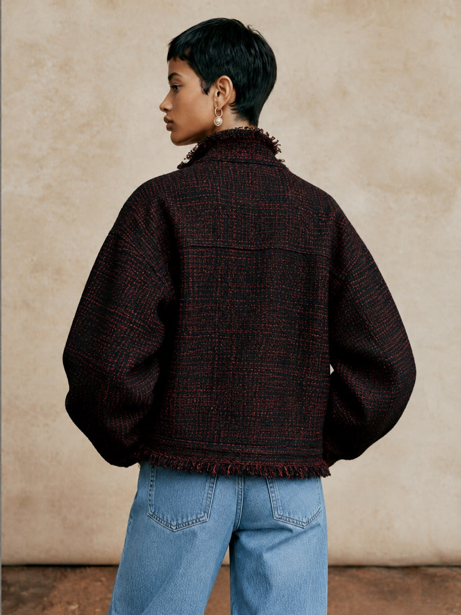 Women's Frayed Trim Casual Stand Collar Tweed Jacket