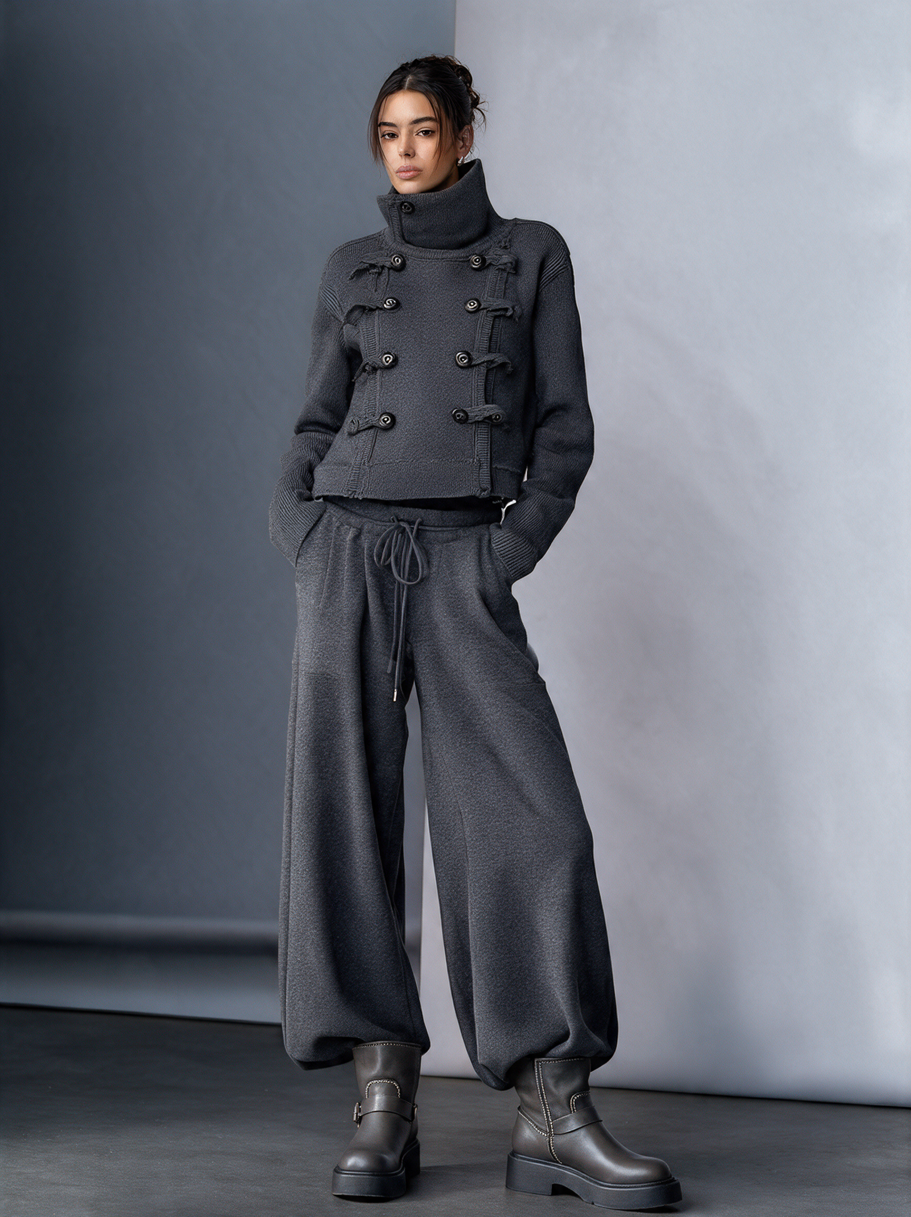 Women's High‑Collar Knit Military‑Style Cropped Jacket & Harem Wide‑Leg Pants Set MDZ0804I3R