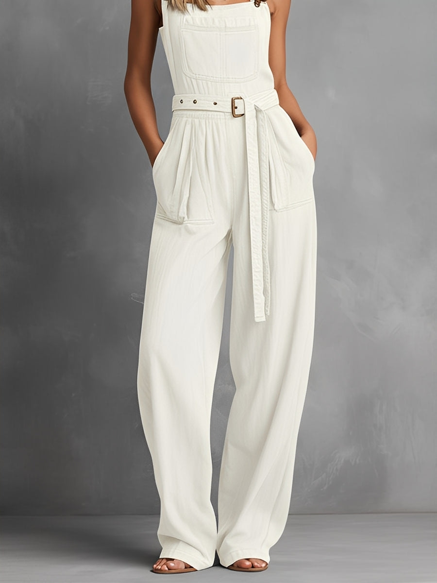 Women's Off-White Relaxed Jumpsuit With Utility Pockets & Adjustable Straps, Sophisticated Daytime-Casual Style Jumpsuit MDZ1473A6I