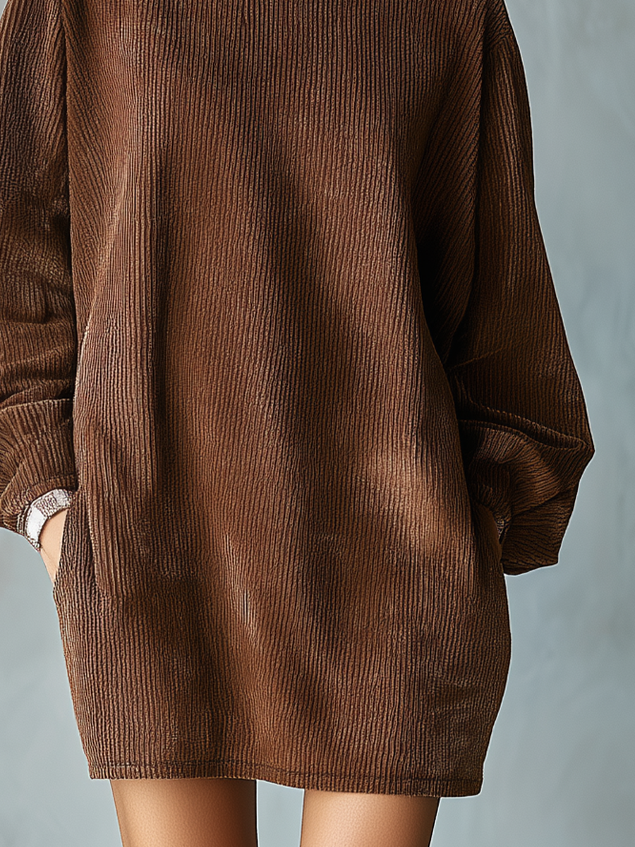 Women's Brown Corduroy Round Neck Loose Long Sleeve Mini Dress MDA0531K2T