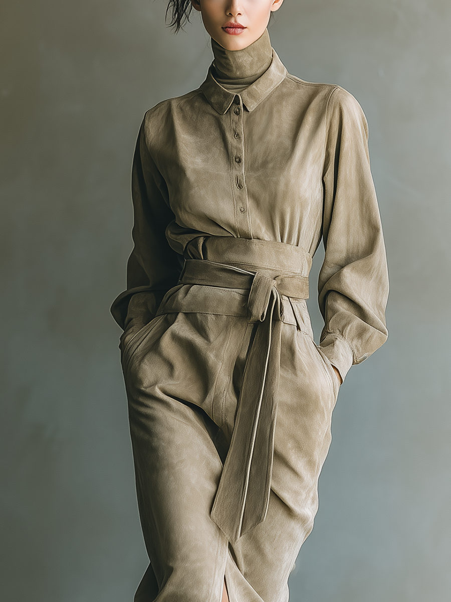 Women's Khaki Faux Suede High-waisted Long-sleeved Midi Dress With Laces MDA0190L9T