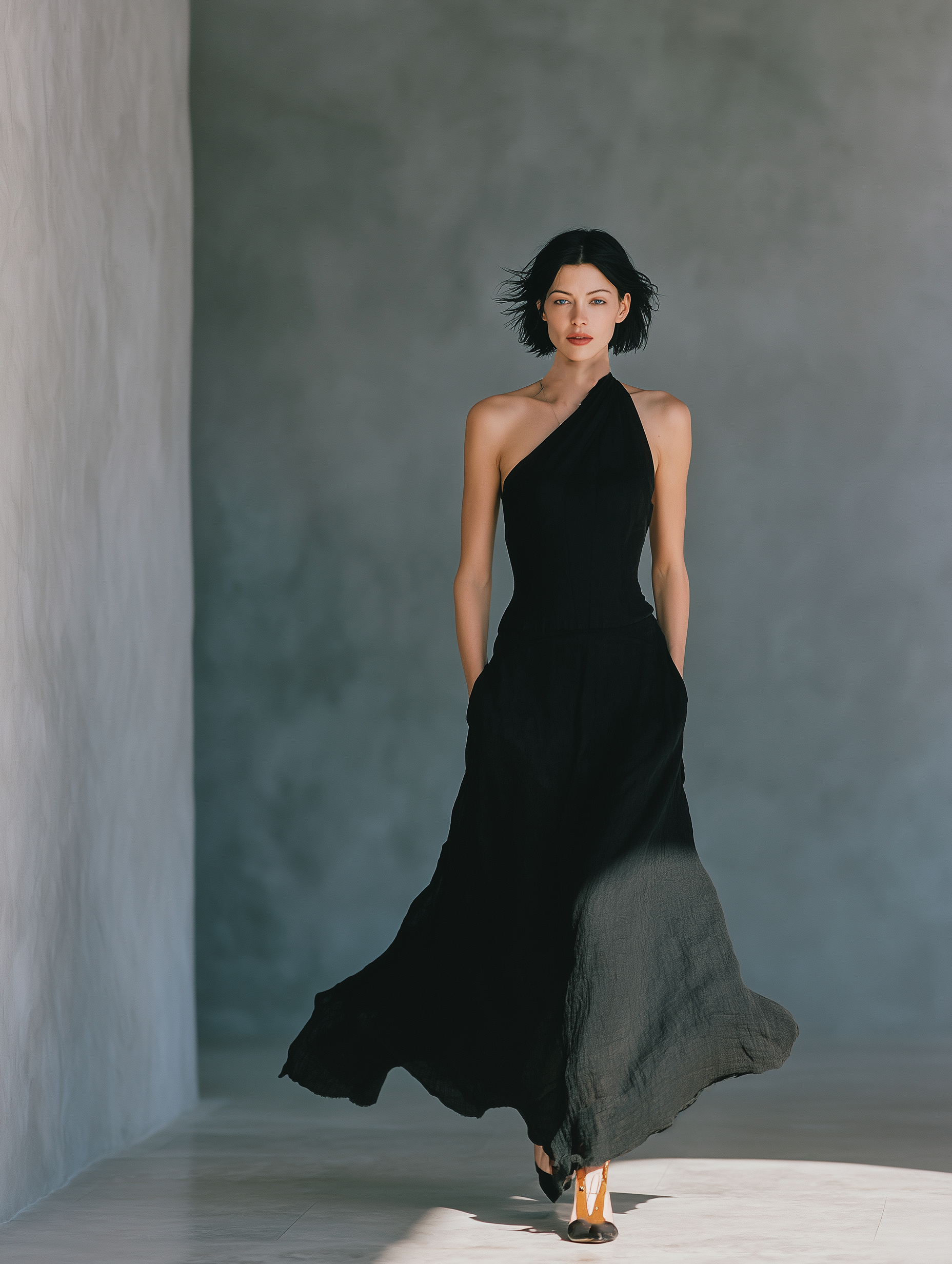 Women's Black Cotton Blend One-Shoulder Maxi Dress With Fitted Bodice & Flowing Skirt MDZ2516B0T