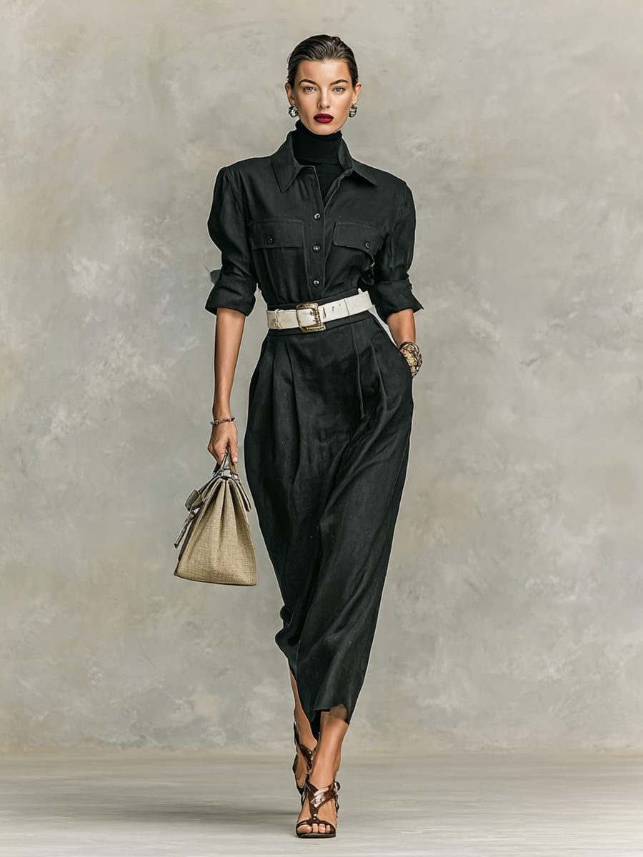 Women's Double Chest Pocket Lapel Long Sleeve Shirt Belt Midi Dress MDA2375G9Y