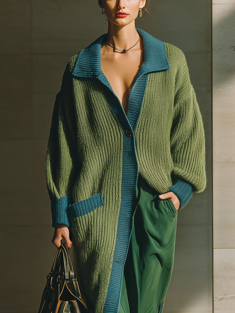 Women's Chartreuse And Navy Contrast Fashion Cardigan MDA1195J5T