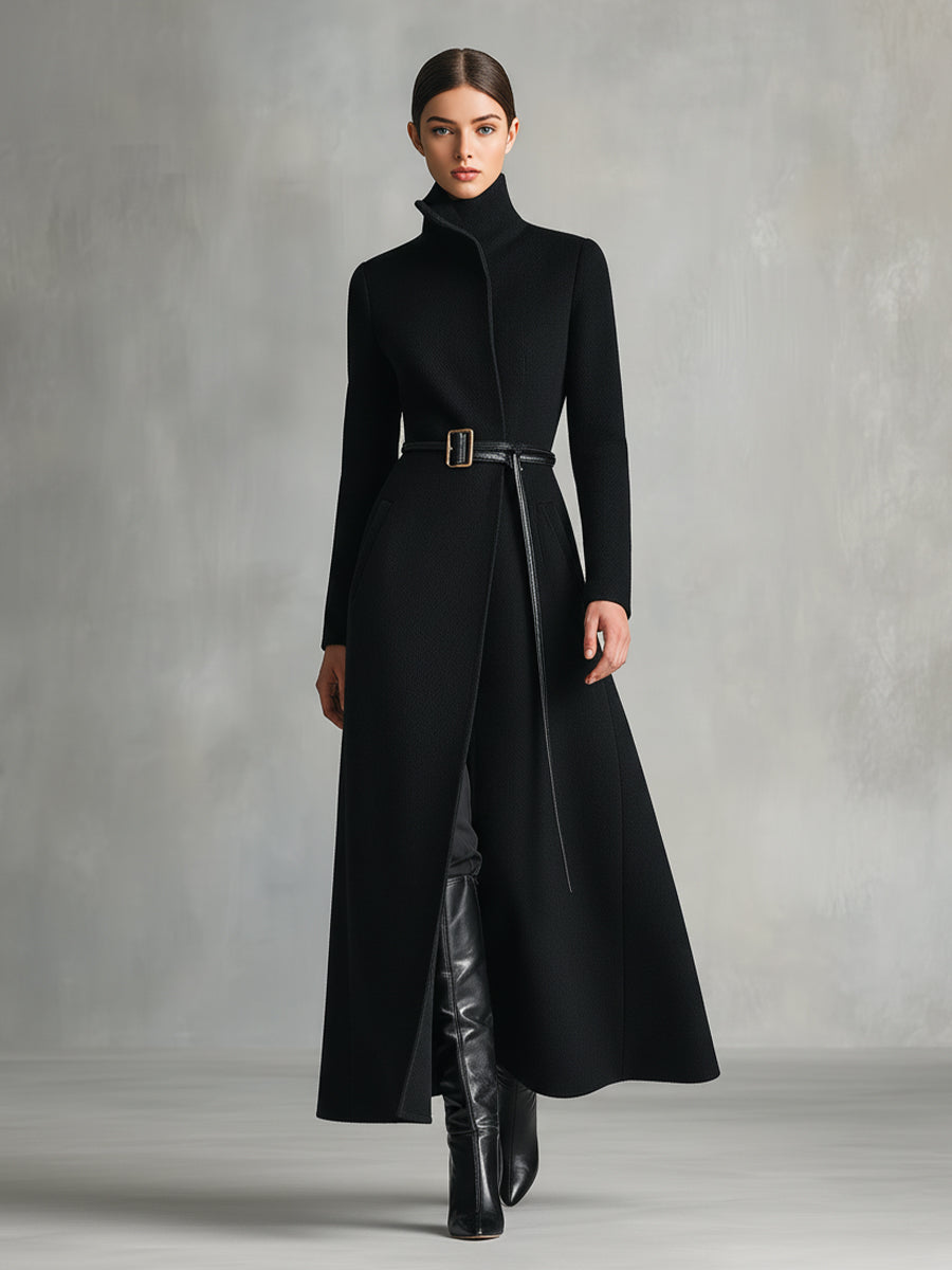 Women's Black Elegant Wool - Blend Turtleneck Belted Maxi Coat (without belt) MDA2807H5I