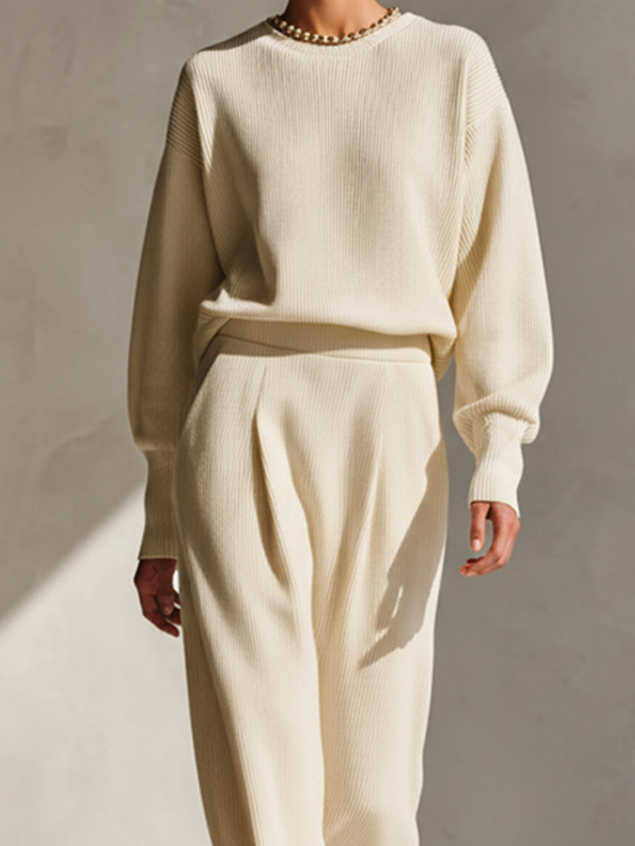 Women's Beige Ribbed Knit Top And Skirt Set MDA1625L3AP