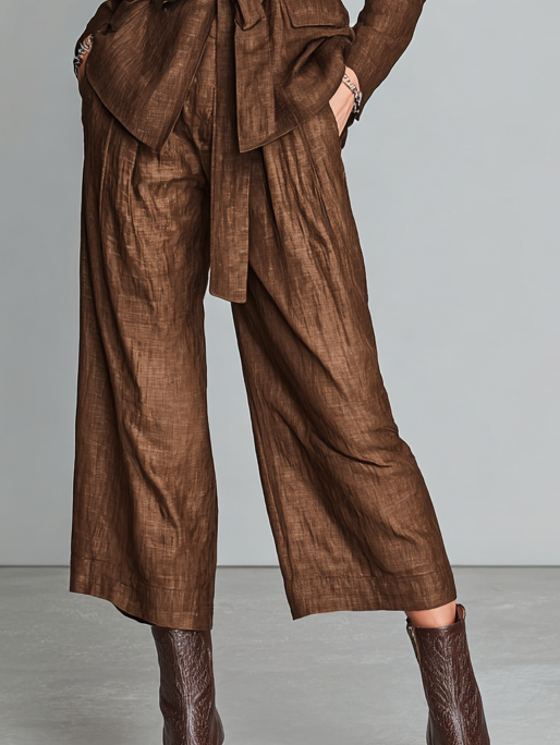 Women's Cotton-Linen Blend Belted Blazer Cropped Pants Set MDA1248H7Y