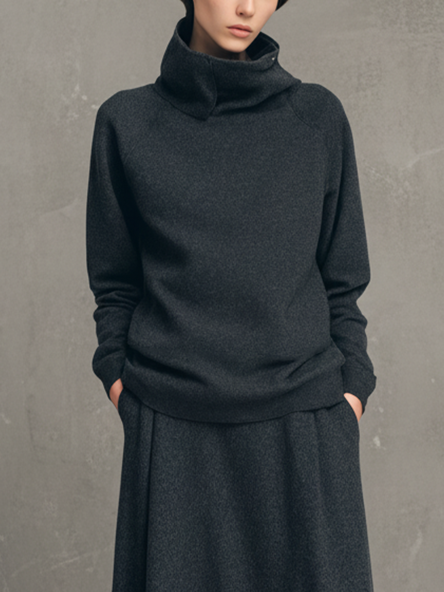 Women's Charcoal Gray Air-layer High-neck Top And Flared Long Skirt Set MDA1107L4T