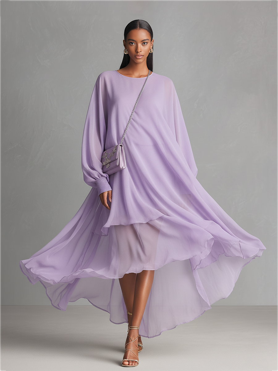 Women's Purple Sheer Chiffon Dress With Oversized Puff Sleeves & Asymmetric Hem, Timeless Romantic-Elegant Style Dress MDA1801L4I