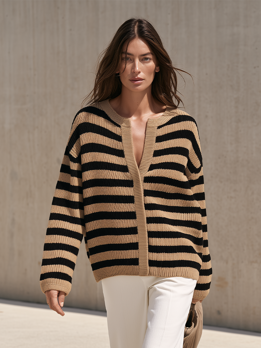 Women's Striped Knit V Neck Beige Black Sweater MDZ0169I3YZJ