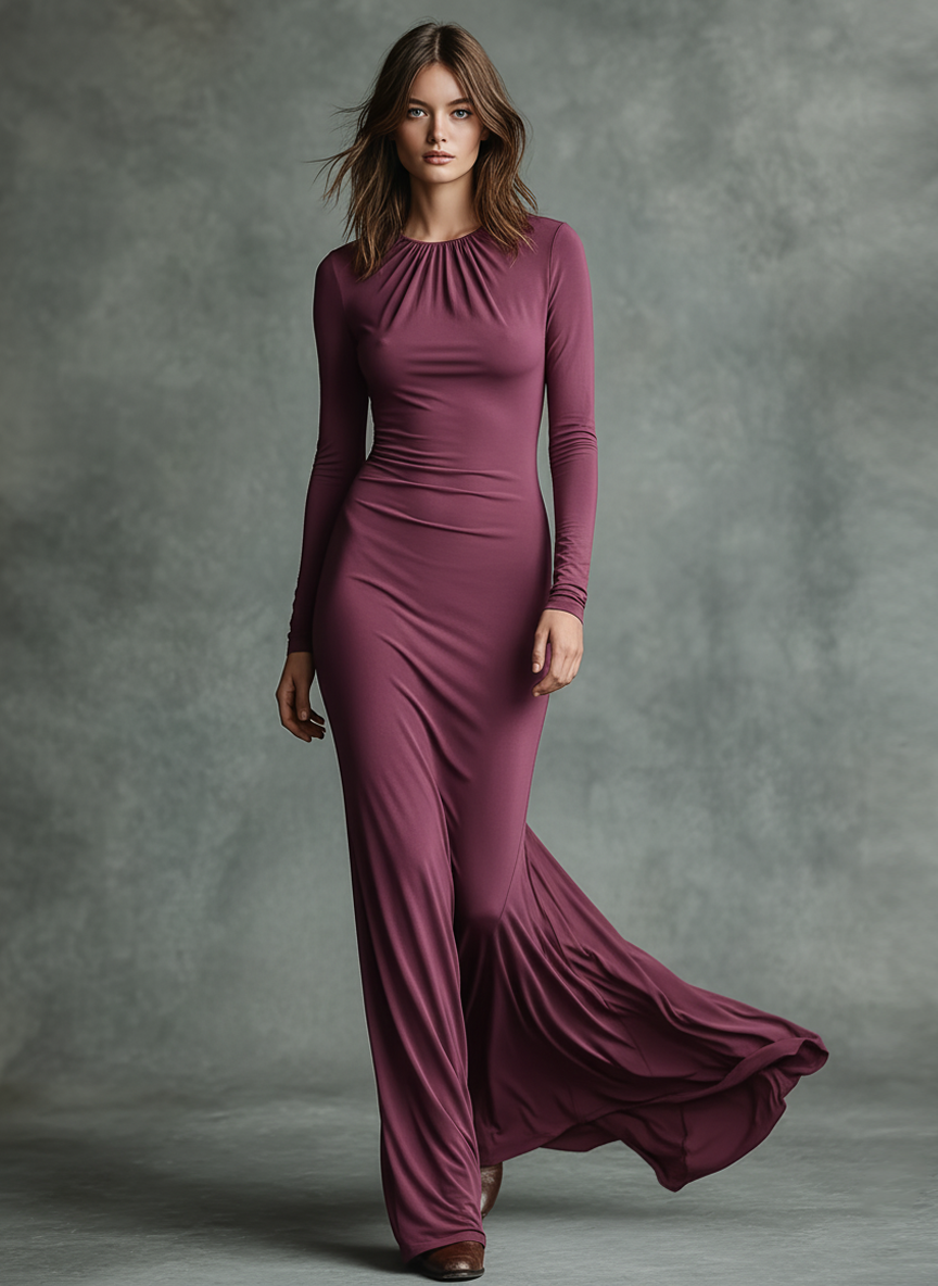Women's Minimalist Stretch Round Neck Long-sleeved Maxi Dress MDA3085J2Y